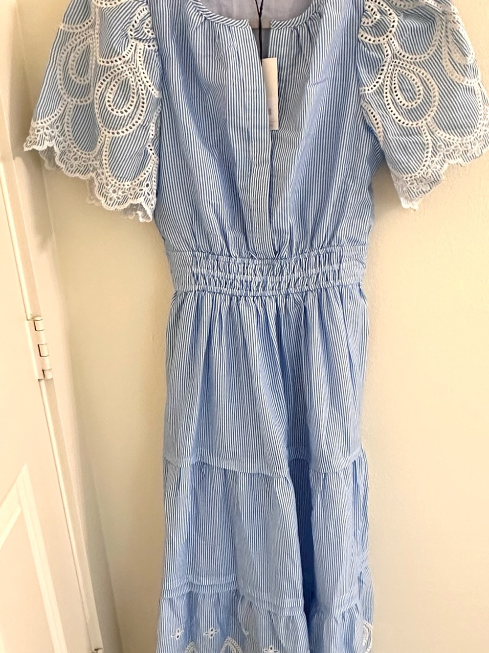 Eyelet Sleeve Blue Stripe Maxi Dress